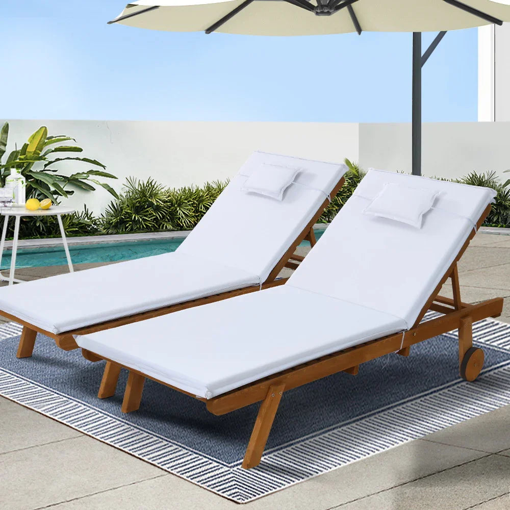 Gardeon 2x Sun Lounge Wooden Lounger Outdoor Furniture Day Bed Wheel Patio White - Flea Market